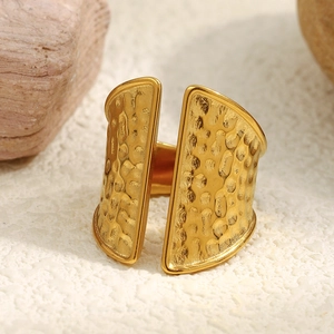 Minimalist 18K gold plated stainless steel wide open ring with hammered texture