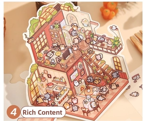 Detailed view of 3D cottage scenery stickers with cute cat illustrations and cozy rooms