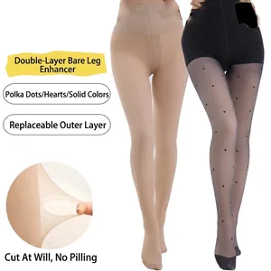 Women Thermal Fleece Lined Tights High Waist Double Layered Nylon Spandex Polka Dot Heart Pattern Winter Leggings