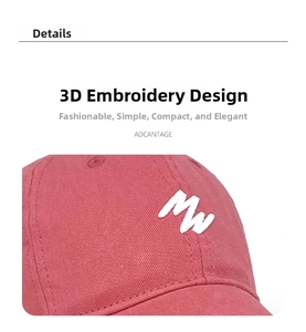 Detailed close-up of white 3D MW letter embroidery on a pink cotton baseball cap
