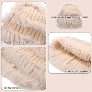 Beige knitted rabbit fur bucket hat for women with plush lining and striped texture