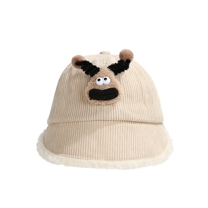 Winter corduroy beige bucket hat for kids featuring a 3D cartoon reindeer and fleece trim