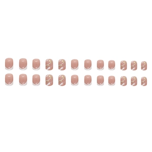 Short square white French press-on nails with gold marble texture and 24-piece set