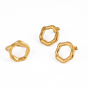 Vintage golden irregular geometric earring and open ring set in polished titanium steel