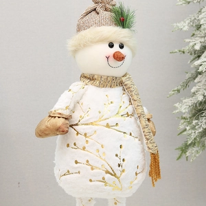 Extendable plush Christmas snowman doll with gold branch prints and knit hat decoration