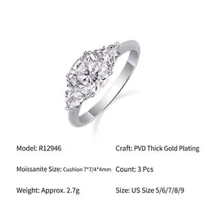 Three-stone Moissanite S925 silver ring featuring a 7mm cushion cut center stone