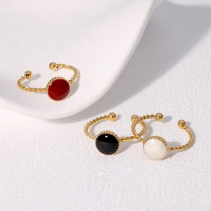 18K gold plated stainless steel open rings with red, black, and white circular stones