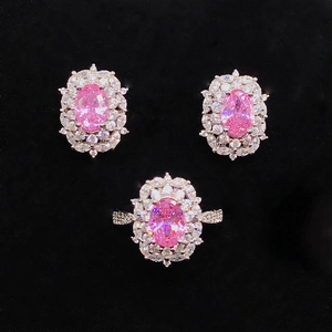 Vintage Luxurious Copper Rhinestone Jewelry Set Oval Simulated Gemstone Stud Earrings Adjustable Open Ring For Women Jewelry