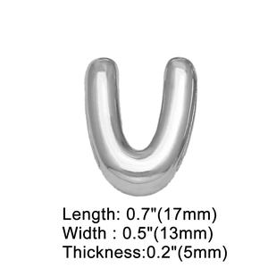 Detailed view of silver letter U charm with dimensions showing 17mm length and 13mm width