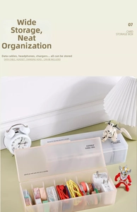 Close-up of translucent plastic storage box with compartments for card organization