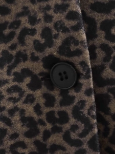 Detailed macro view of leopard print fabric texture and a black matte button on the coat