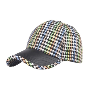 Classic plaid baseball cap with colorful houndstooth fabric and black leather brim