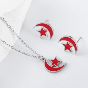 Schmuckset mit Stern und Mond, rotem Mondsichel-Anhänger und passenden Ohrsteckern