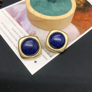 Lapis lazuli gemstone earrings with vintage gold-plated square frame and copper chain
