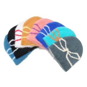 Plush beanie collection with contrast bow jacquard in various colors for winter warmth