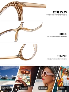 Detail view of tortoiseshell cat-eye glasses showing hinges and lifestyle wear scenes
