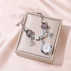 Elegant beaded charm bracelet watch for women with crown pendant and purple glass beads