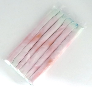 Detail view of pink and white satin heatless hair curlers packed in a clear plastic bag