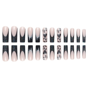 Long coffin french nails in black glitter, silver icicle, and heart patterns, 24 piece set