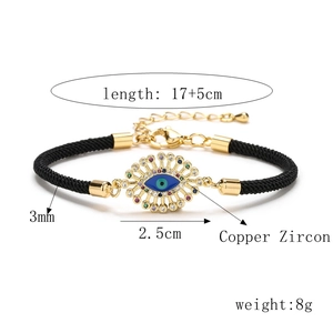 Macro detail of Evil Eye bracelet with dimensions shown on a clean white background