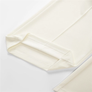 Women's Y2K minimalist cream ribbed knit wide-leg pants with detailed hem stitching