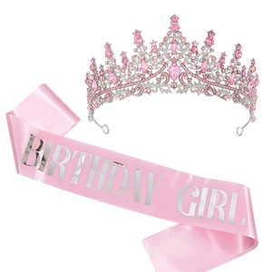 Pink Birthday Queen set with crystal rhinestone crown and satin Birthday Girl sash