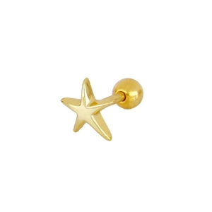 Detailed view of gold star piercing stud with screw ball back in polished finish