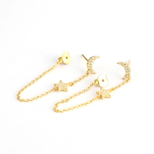 S925 silver star and moon tassel earrings with gold finish and sparkling crystals