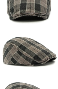 Detailed views of vintage grey plaid newsboy cap showing wool texture and stitching