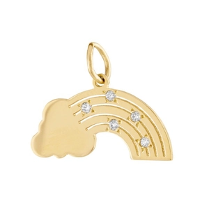 Close-up of gold rainbow and cloud pendant with sparkling inlaid gems on white background
