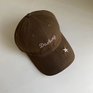 Detail of coffee baseball cap with pink Dashing embroidery and star patch