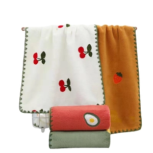 Soft coral fleece towel set with cute fruit embroidery including cherry and strawberry