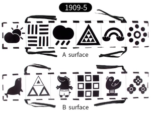 Double-sided black and white high-contrast baby soft book with animal and shape patterns