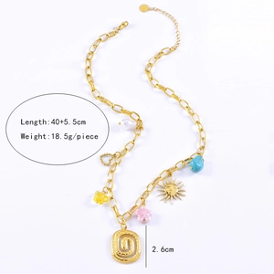 Detail of gold necklace with colorful sun, butterfly, and flower charms with size specs
