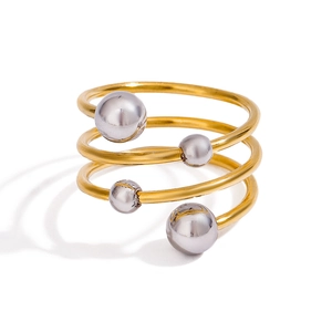 Modern Design Stainless Steel Multi-Layer Spiral Ring For Women Gold Silver Two-Tone Adjustable Open Ring With Bead Accents