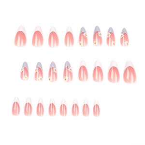 French blue and white floral press-on nails set in almond shape with glossy finish