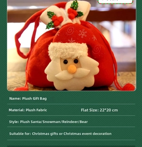 Detail of red Christmas gift bag with 3D Santa Claus figure and soft brushed fabric texture