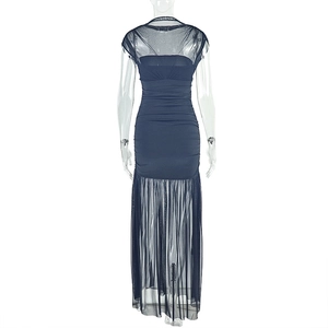 Detailed view of navy blue bodycon maxi dress with mesh layering and pleated design