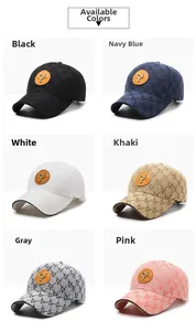 Detailed grid view of six stylish baseball caps featuring leather patches and gold logos
