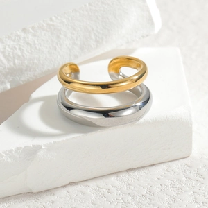Bague ouverte double couche en acier inoxydable bicolore or et argent style minimaliste