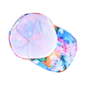 Detailed interior of a six-panel tie-dye baseball cap with colorful feather patterns