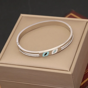 Silver titanium steel bracelet with oval enamel inlay and sparkling rhinestone accents