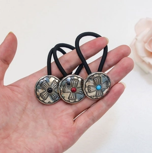 Western cowboy style elastic hair ties with vintage turquoise and silver metal accents