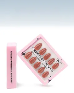 Detailed view of glossy mauve press-on nails in an almond shape with 30-piece packaging