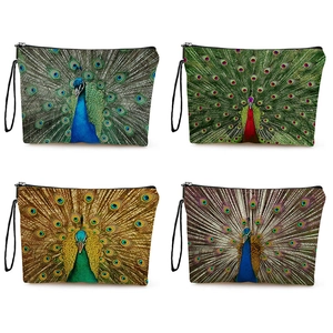 Peacock Print Makeup Bag Linen Fabric Zippered Cosmetic Pouch Travel Toiletry Organizer With Wrist Strap For Women