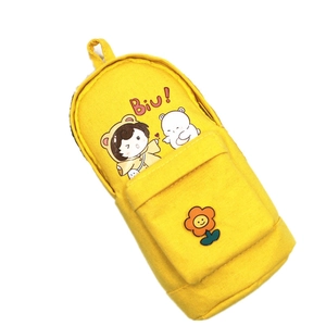 Creative yellow canvas schoolbag-shaped pencil case with cute cartoon illustration