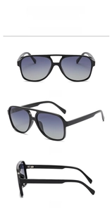 Front and side views of black pilot sunglasses with grey gradient lenses in detail