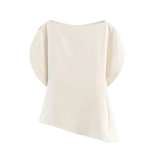 Women Puff Short Sleeve Blouse Top Asymmetrical Hem Boat Neck Invisible Zipper Elegant Polyester Woven