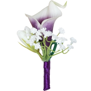 Purple and white calla lily wedding boutonniere with baby's breath and satin ribbon