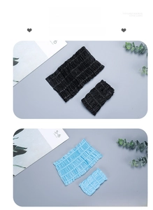 Detail of disposable non-woven headbands with elastic bands in black and blue colors